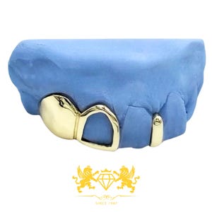 Custom Grillz One Open Face and Small Fangs with Gap Filler Yellow Color, Custom Grillz Shiny Silver 925, 10K, 14K Gold, Custom Grillz Fits