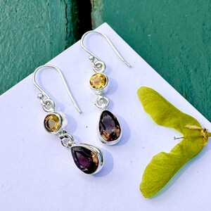 Citrine & Smoky Topaz Dangle Earrings - Sterling Silver .925 Gemstone