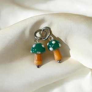 Mushroom Dangle Earrings - Handmade, One of a kind - Stainless Steel Silver Tone Huggie Hoops - Lampwork Glass Mushroom Charms Green Cap