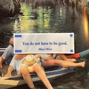 May include: A fortune cookie with the text "You do not have to be good. -Mary Oliver" is held in front of a boat with people in it. The background shows a body of water with reflections of trees.