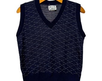 80s Vintage Navy Blue Sweater Vest Small / Medium Diamond Pattern Preppy