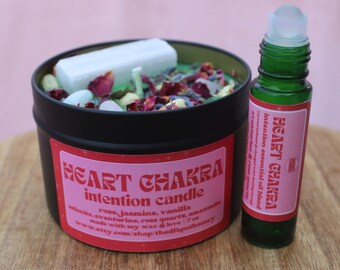 heart chakra intention set | reiki charged | intention candle | crystal infused essential oil roller | manifestation candle