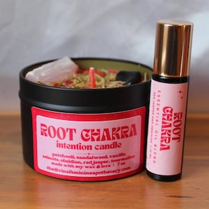 root chakra intention set | reiki charged | intention candle | crystal infused essential oil roller | manifestation candle