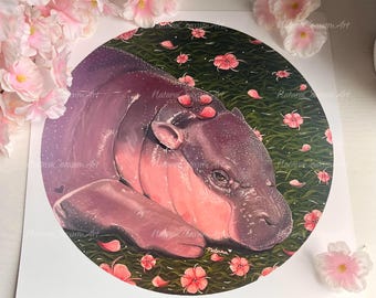 May include: A watercolor painting of a pink baby hippopotamus sleeping in a bed of green grass and pink flowers. The hippopotamus has a pink nose and a light pink body. The flowers are scattered around the hippopotamus and are in various shades of pink.