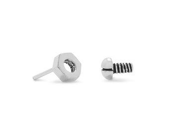 Sterling Silver Oxidized Nut Bolt Stud Earrings, 5mm