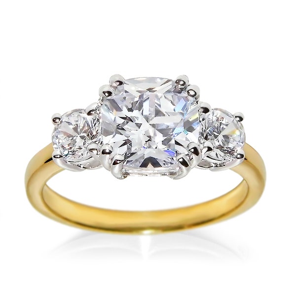 3 Stone Cushion Cut Simulated Diamond Engagement Rings in 18K Yellow Gold Plating