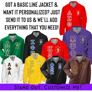 May include: A selection of personalised jackets in colours such as red, green, black, and yellow. Each jacket displays Greek letters and symbols. The image text reads: "GOT A BASIC LINE JACKET & WANT IT PERSONALIZED? JUST SEND IT TO US & WE'LL ADD EVERYTHING THAT YOU NEED! STAND OUT. CUSTOMIZE ME!"