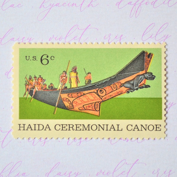 Native American Canoe Stamps, Vintage Haida Ceremonial Canoe, Natural History, Unused Postage for Mailing