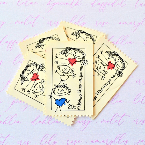 Family Unity Stamps, Stick Figure Children Vintage Postage Stamps for Mailing