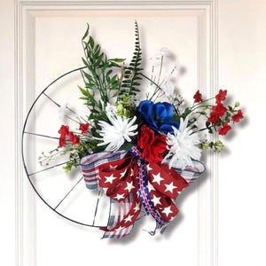 Patriotic Bike Wheel Wreath for Front Door – 4th of July Decor, Red White Blue Summer Wreath, Americana Memorial Day Decor, Patriotic Decor