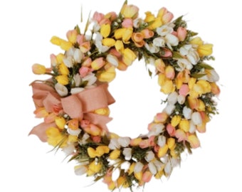 Spring Tulip Wreath for Front Door, Easter Wreath, Yellow Pink White Tulip Wreath, Handmade Floral Wreath, Summer Porch Decor, Mom Gift