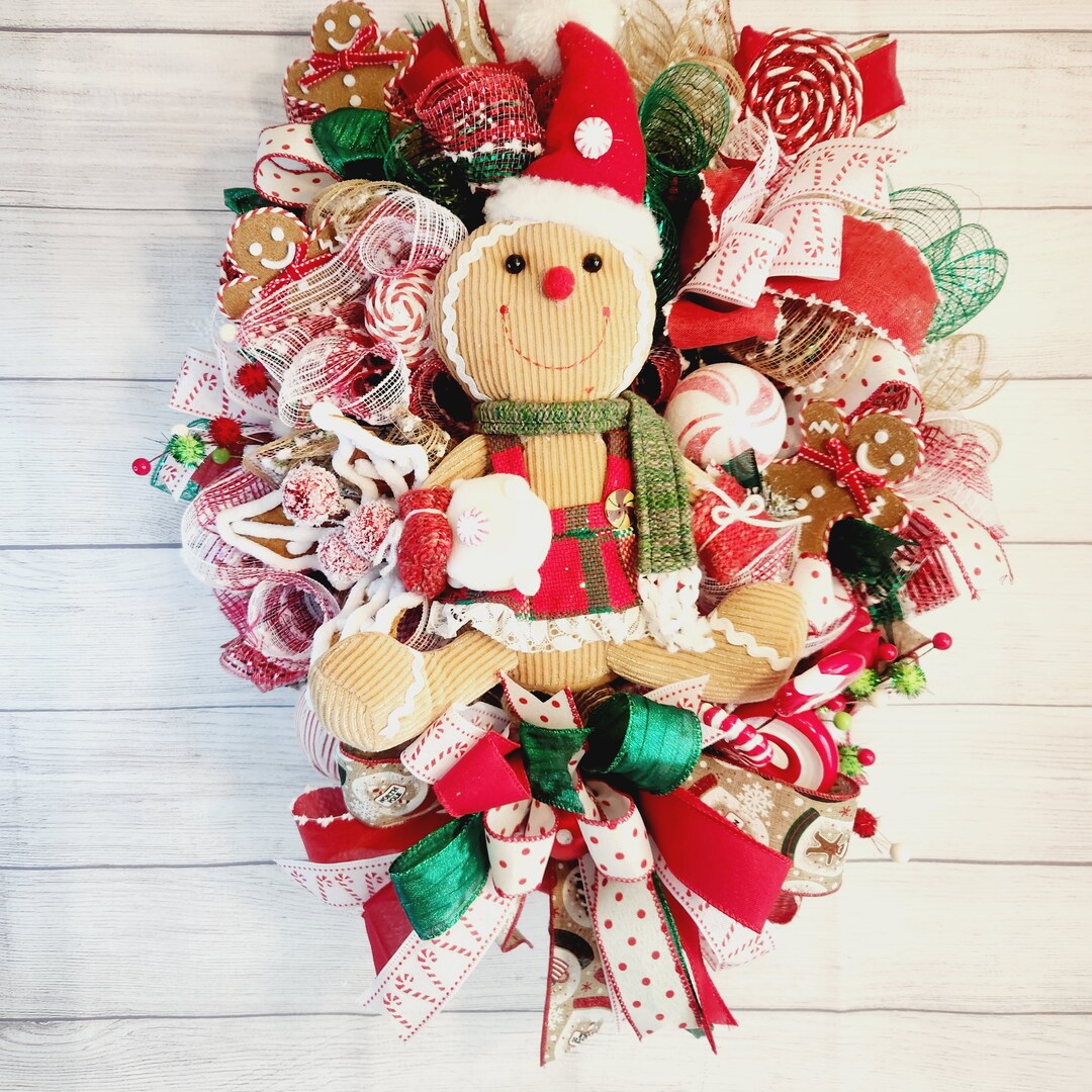 Gingerbread Christmas Wreath for Front Door, Holiday Gingerbread ...