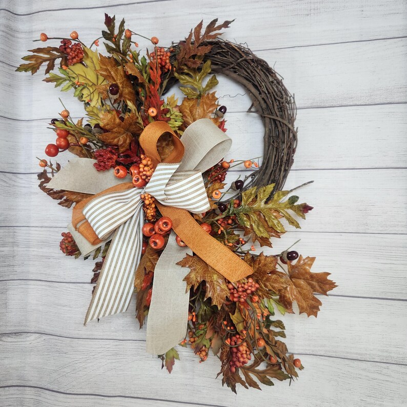 Handmade Fall Grapevine Wreath With Bow, Autumn Leaf and Berry Accents ...