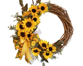 Fall Sunflower Wreath for Front Door, Farmhouse Sunflower Wreath, Autumn Kitchen Decor, Farmhouse Decor, Twig Wreath