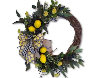 Lemon Spring Wreath , Farmhouse Lemon Decor, Summer Grapevine Wreath with Yellow Lemons, Kitchen Wall Decor