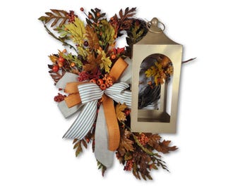 Fall Lantern Front Door Wreath | Rustic Farmhouse Style | Autumn Leaf and Berry Decor | Grapevine Base with Metal Lantern | Door Decor
