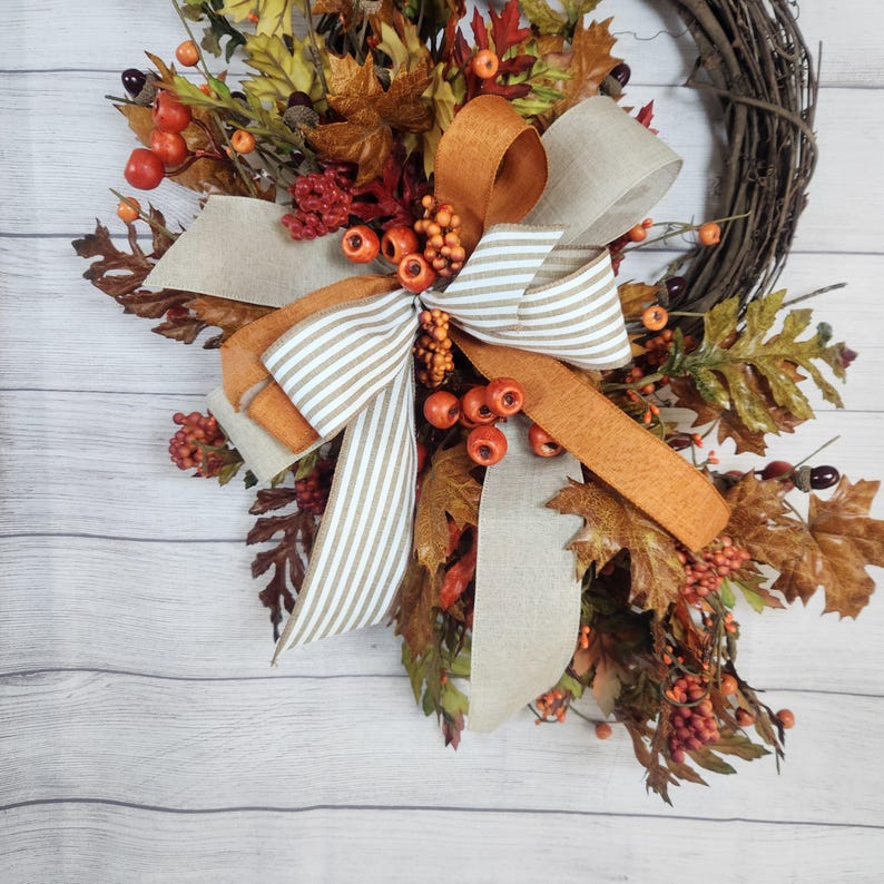 Handmade Fall Grapevine Wreath With Bow, Autumn Leaf and Berry Accents ...