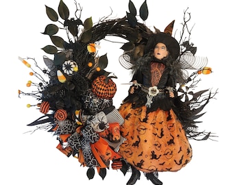 Halloween Witch Wreath , Black Orange Witch Decor, Gothic Halloween Wreath, Spooky Fall Decoration, Halloween Door Decor