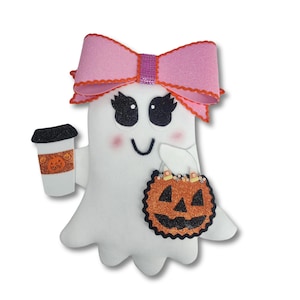 Cute Halloween Ghost Wreath Attachment with Coffee and Pumpkin Bucket, Girly Ghost Door Hanger, Pumpkin Spice Halloween Door Decor, Pink Bow