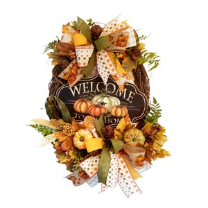 Fall  Pumpkin Welcome Wreath for Front Door, Autumn Farmhouse Wreath for Front Porch, Fall Kitchen Decor, Farmhouse Decor,Fall Twig Wreath