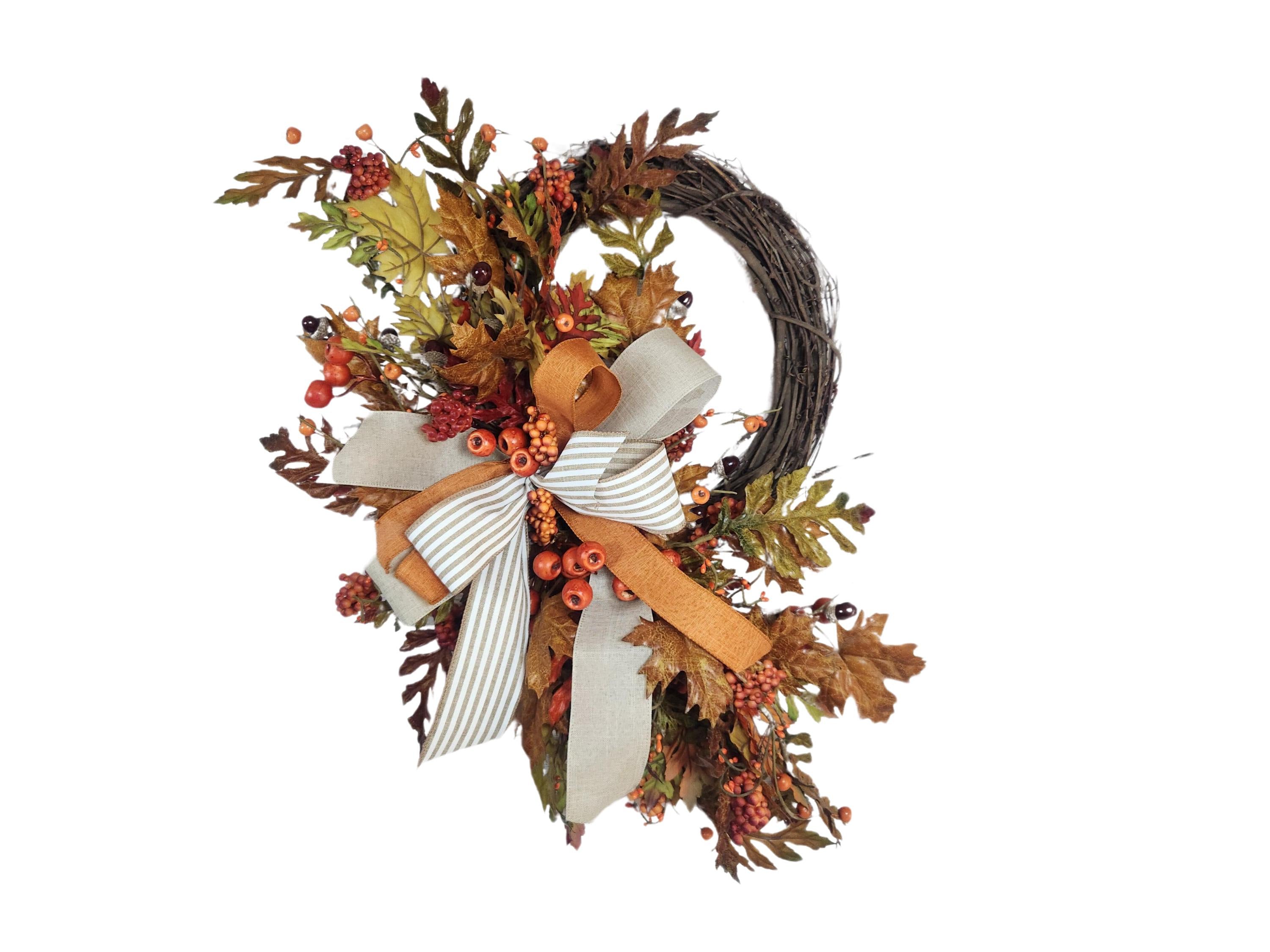 Handmade Fall Grapevine Wreath With Bow, Autumn Leaf and Berry Accents ...