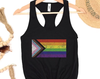 Progress Pride Flag Women's Tank, Pride Month Gift, LGBTQIA Racerback, Inclusive Rainbow Top, Love is Love, Gay, Bi, Lesbian, Trans Tank Top