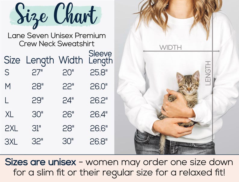 A size chart showing size S is 27 inches long by 20 inches wide, M is 28 by 22 in, L is 29 by 24 in, XL is 30 by 26 in, 2XL is 31 by 28 in, and 3XL is 32 by 30 in. Sizes are unisex.