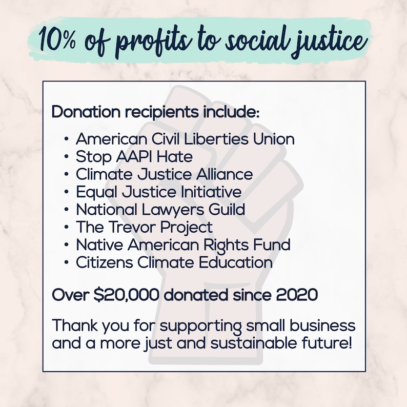 May include: A graphic with text stating "10% of profits to social justice." It lists donation recipients including the American Civil Liberties Union and Stop AAPI Hate. The image also states over $20,000 donated since 2020.