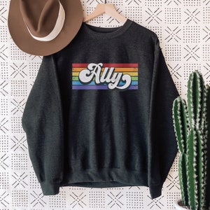 Pu&ograve; includere: Una felpa grigia scura con un design a strisce arcobaleno e la parola "Ally" in un font retr&ograve;.