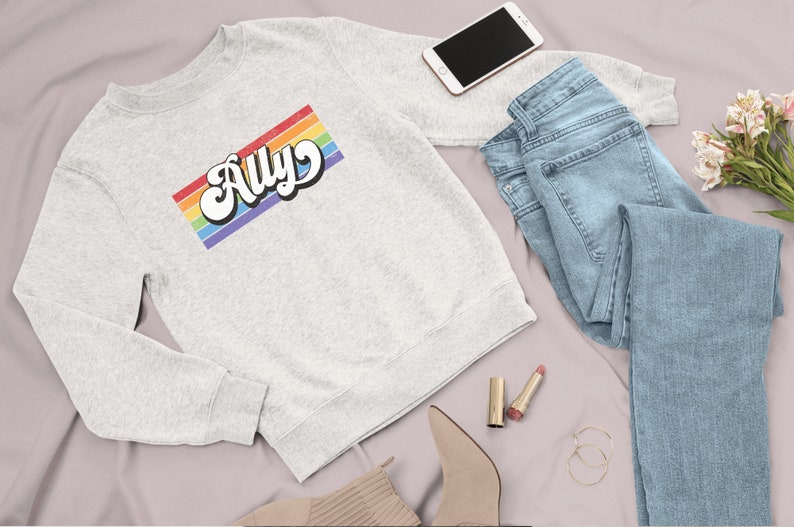 Pu&ograve; includere: Una felpa grigia con un design a righe arcobaleno e la parola "Ally" in un font retr&ograve;.