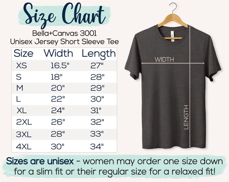 A size chart showing size XS is 16.5 inches wide by 27 inches long, S is 18 by 28 in, M is 20 by 29 in, L is 22 by 30 in, XL is 24 by 31 in, 2XL is 26 by 32 in, 3XL is 28 by 33 in, and 4XL is 30 by 34 in. Sizes are unisex