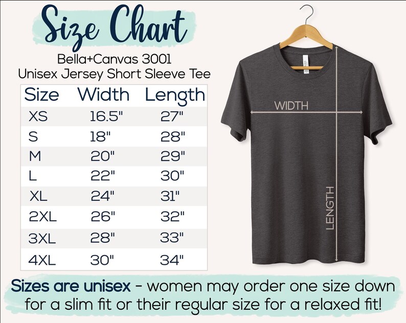 May include: A dark gray unisex short sleeve tee shirt hanging on a wooden hanger. The image includes a size chart with measurements in inches for sizes XS to 4XL. The text on the chart reads "Bella+Canvas 3001 Unisex Jersey Short Sleeve Tee".