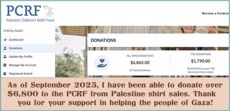 Image stating that as of September 2025 I have been able to donate over $6800 to the Palestine Children's Relief Fund thanks to shirt sales. The image has a screenshot of the PCRF donation portal showing all time donations of $6,865.00