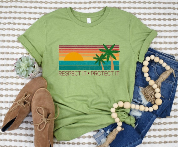 Respect Nature T-Shirt, Protect the Oceans T Shirt, Beach Top, Vintage Sunset Tee, 70s Retro Aesthetic Distressed Shirt, Environmental Gift