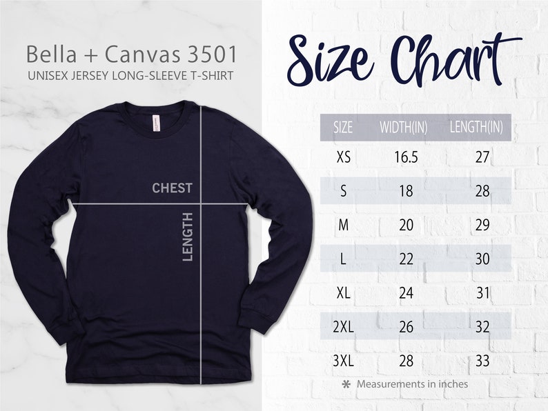 A size chart showing size XS is 16.5 inches wide by 27 inches long, S is 18 by 28 in, M is 20 by 29 in, L is 22 by 30 in, XL is 24 by 31 in, 2XL is 26 by 32 in, 3XL is 28 by 33 in, and 4XL is 30 by 34 in. Sizes are unisex