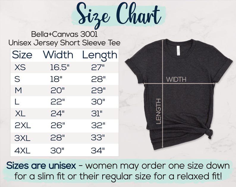 A size chart showing size XS is 16.5 inches wide by 27 inches long, S is 18 by 28 in, M is 20 by 29 in, L is 22 by 30 in, XL is 24 by 31 in, 2XL is 26 by 32 in, 3XL is 28 by 33 in, and 4XL is 30 by 34 in. Sizes are unisex