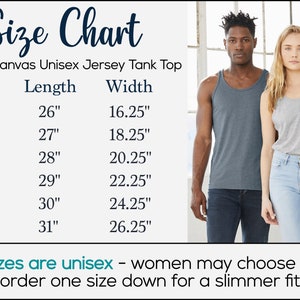 A size chart showing size XS is 16.25 inches wide by 26 inches long, S is 18.25 by 27 in, M is 20.25 by 28 in, L is 22.25 by 29 in, XL is 24.25 by 30 in, and 2XL is 26.25 by 31 in. Sizes are unisex