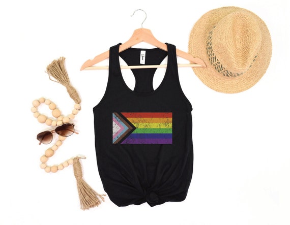 Progress Pride Flag Women's Tank, Pride Month Gift, LGBTQIA Racerback, Inclusive Rainbow Top, Love is Love, Gay, Bi, Lesbian, Trans Tank Top