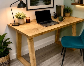 Solid Wood Desk On Wood Trapezium Legs Handmade - Custom sizes - Free Delivery