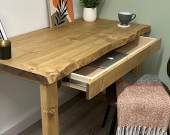 Live Edge Desk With Drawer On Solid Wood Square Frame Legs Handmade custom size To Look Like Waney Edge Single Plank Desktop