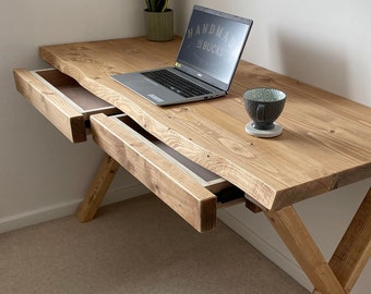 Live edge desk with 2 drawers on timber X-Frame legs handmade from solid wood, drawer storage, custom made