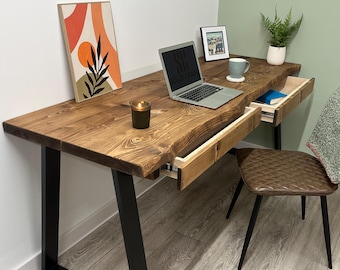 Live Edge Desk With Drawer Storage Options, Mounted On Solid Wood or Steel industrial Legs Shapes : Waney edge Game Station