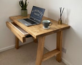 Office Desk With Drawer Storage On Solid Wood Timber A Legs Handmade From Solid Wood, Gaming Desk, Custom Handmade In The UK
