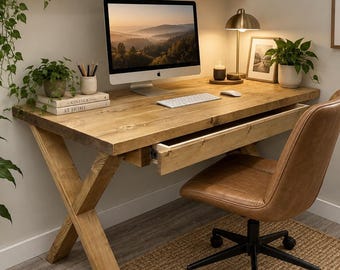 Home Office Desk With Drawer Storage On Solid Wood X Legs Handmade, Gaming Desk, Custom Made