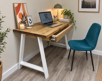 Office Desk With Drawer Storage On Steel A Legs Handmade From Solid Wood, Gaming Desk, Custom Made