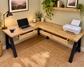 Corner L Shaped Desk With Drawers On Solid Wood or Steel Legs : Office Desk Drawer Storage Custom Made