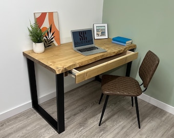 Live Edge Desk With Drawer On Steel Square Legs Handmade From Solid Wood To Look Like Waney Edge Single Plank Desktop with Storage