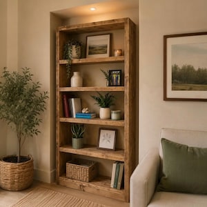 Solid Wood Bookcase With Adjustable Shelves Fully Assembled Alcove Shelving Unit. Handmade Customised By You