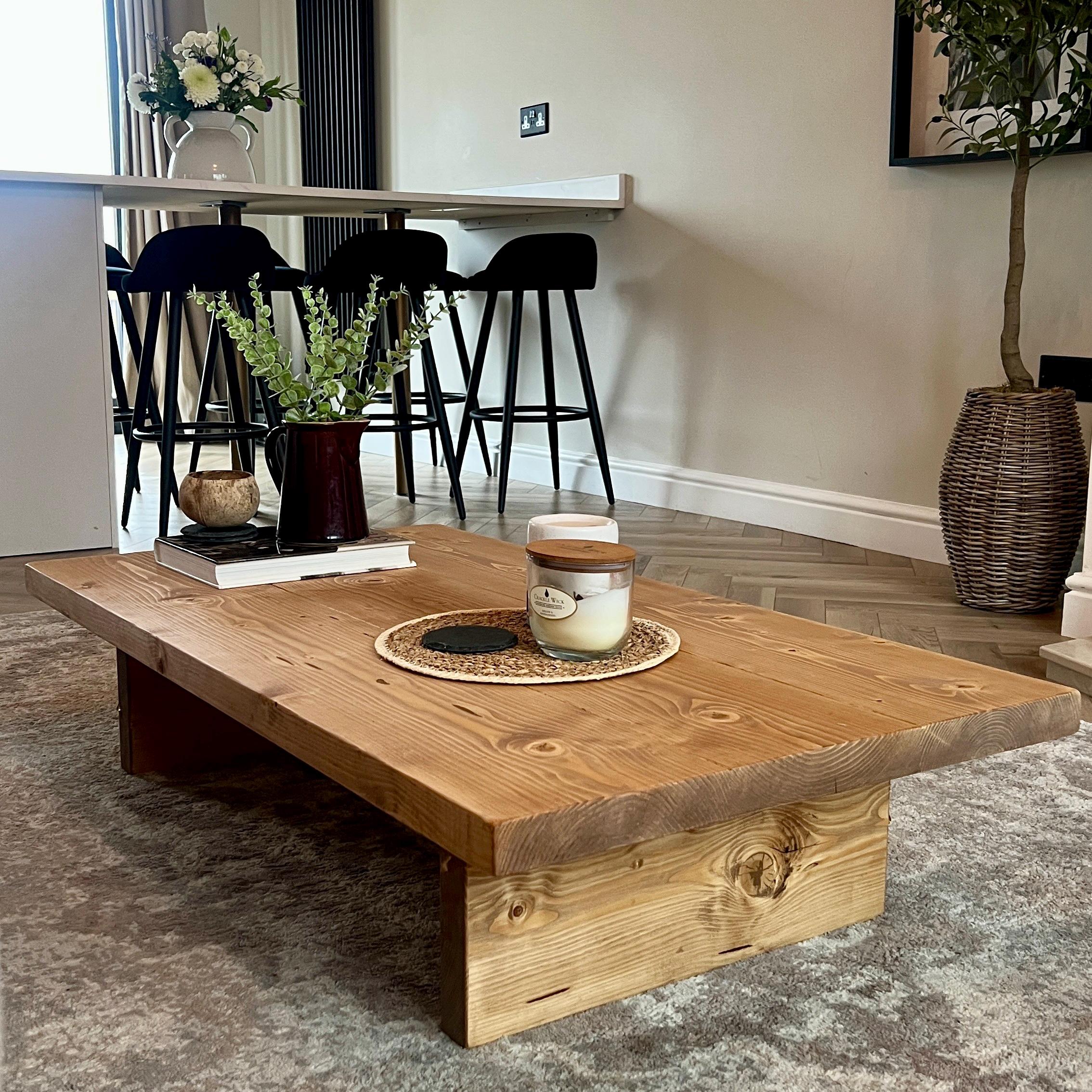 Solid wood low coffee side table handmade from chunky wood with hard oil finish