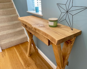 Handmade Live Edge Console Table With Drawer Storage On Wood X Frame Legs : Solid Wood Hallway Table with Key Storage. 75 or 90cm Tall